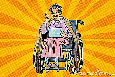 Elderly woman disabled person in a wheelchair, gadget tablet Vector Illustration