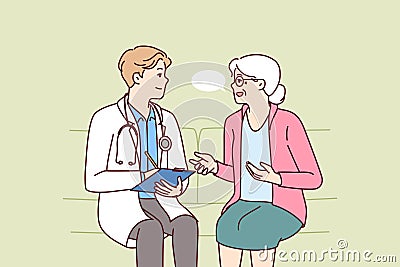 Elderly woman with doctor sit on couch complaining to hospital employee about health problems Vector Illustration