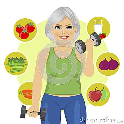 Elderly woman with dumbbells and variety of healthy vegetables Vector Illustration