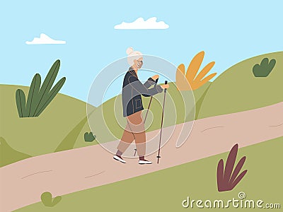 Elderly woman is engaged in Nordic walking with sticks on path in the fall park. Old woman walk on foot in the open air adhering Vector Illustration