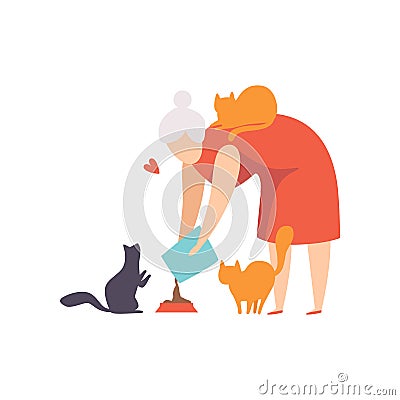 Elderly woman feeding her cats, , adorable pets and their owner vector Illustration on a white background Vector Illustration