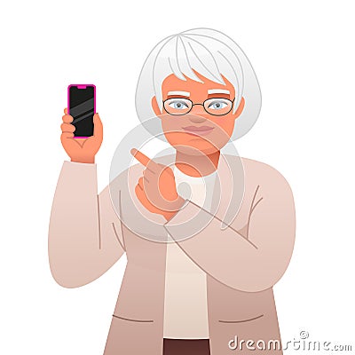 Elderly woman with glasses points to the phone in her hand. Old gray-haired grandmother advertises an application in a smartphone Vector Illustration