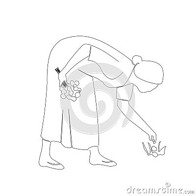 An elderly woman, a grandmother collects flowers on a garden plot. Illustration of lines, a contour on a white isolated background Stock Photo