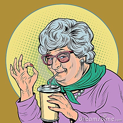 elderly woman granny drinks a coke drink, ok gesture Vector Illustration