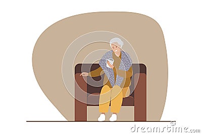 Elderly woman with gray hair sitting in armchair and taking hot drink. Senior woman wearing warm clothes, warm winter Vector Illustration