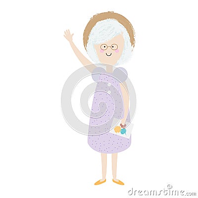 Elderly woman. Happy old lady. cartoon senior female. Grandmother retired in summer hat and dress Vector Illustration