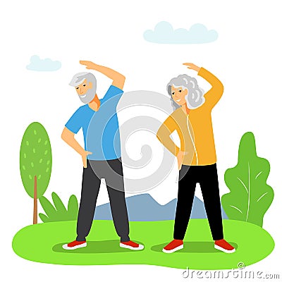 Exercises for the elderly An elderly woman and an elderly man doing fitness in the fresh air Vector Illustration