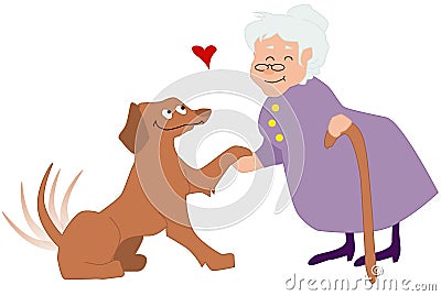 Elderly woman petting a dog Stock Photo