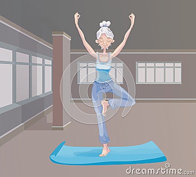 An elderly woman practice yoga in the gym, standing on one leg. Active lifestyle and sport activities in old age. Vector Vector Illustration