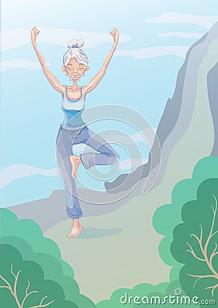 An elderly woman practice yoga outdoors on the edge of the cliff, standing on one leg. Active lifestyle and sport Vector Illustration