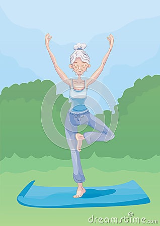 An elderly woman practice yoga outdoors, standing on one leg. Active lifestyle and sport activities in old age. Vector Vector Illustration