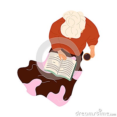 Elderly woman reads book, drinks coffee sits under warm blanket, top view Vector Illustration