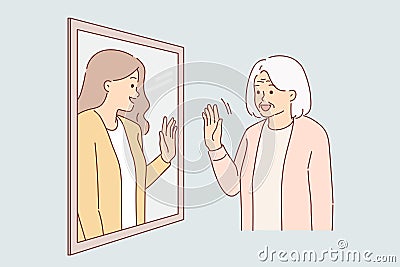 Elderly woman sees past in reflection of mirror, and waves hand, receiving positive emotions Vector Illustration