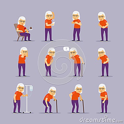 Elderly woman sick icons Vector Illustration