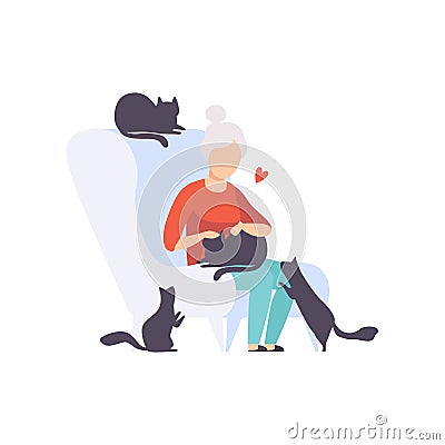 Elderly woman sitting in armchair surrounded by black cats, adorable pets and their owner vector Illustration on a white Vector Illustration