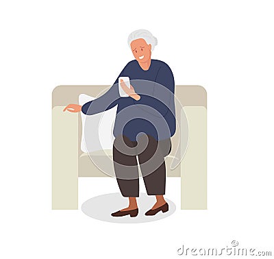 Elderly woman sitting in chair and looking at her smartphone. Smiling Senior woman holding mobile phone. Video chat Vector Illustration