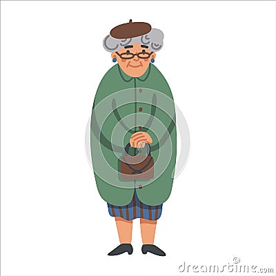 Elderly woman. Smiling grandmother holding little hand bag. Funny granny in glasses wearing green coat isolated on white Vector Illustration