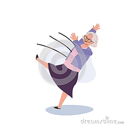 Elderly Woman Stumbling, A senior grandmother slips outdoors. accidental slip. Flat vector cartoon illustration Vector Illustration