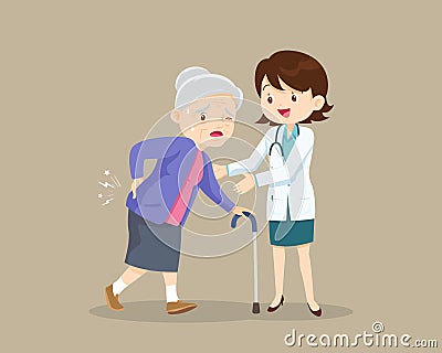 Elderly woman suffering from back pain see doctor Vector Illustration