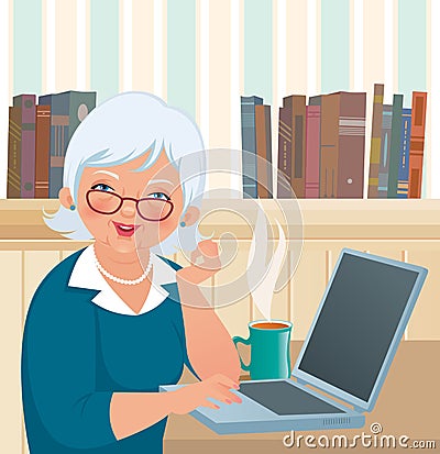 Elderly woman using a laptop Vector Illustration