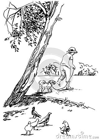 Elderly woman walking in the park with her dog. Outline sketches Cartoon Illustration