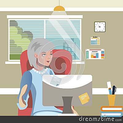 Elderly woman work on computer. Vector Illustration