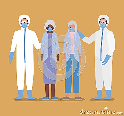 Elders women with masks and doctors with protective suits against Covid 19 vector design Vector Illustration