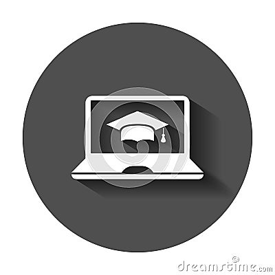 Elearning education icon in flat style. Study vector illustration with long shadow. Laptop computer online training business Vector Illustration