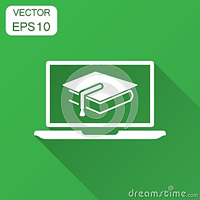 Elearning education icon in flat style. Study vector illustration with long shadow. Laptop computer online training business Vector Illustration