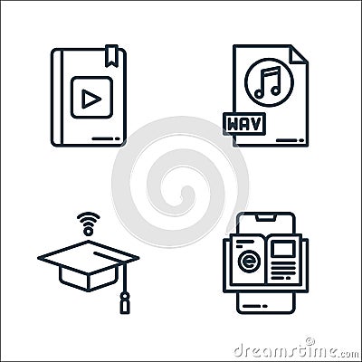 Elearning line icons. linear set. quality vector line set such as ebook, mortarboard, wav Vector Illustration