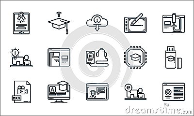 Elearning line icons. linear set. quality vector line set such as elearning, graduation, mkv, student, elearning, idea, cpu, Vector Illustration