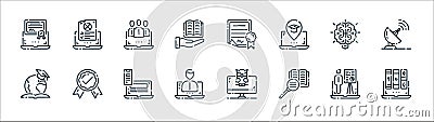 elearning line icons. linear set. quality vector line set such as online library, research, user, global education, creativity, Vector Illustration