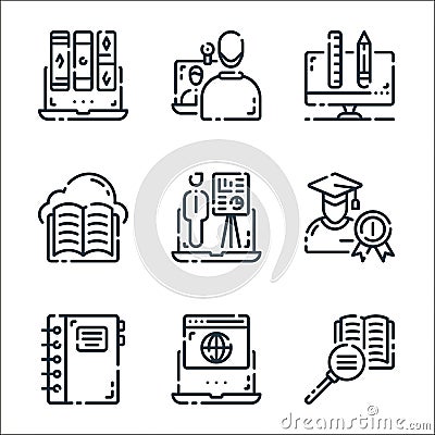 elearning line icons. linear set. quality vector line set such as research, browser, notebook, student, presentation, digital Vector Illustration