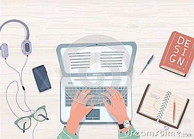 Elearning study, work at home concept design. Laptop with human hands on it, notebook, pen, pencil, book, phone Vector Illustration