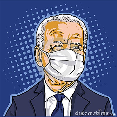 Elected President of the United States of America, Joe Biden Wearing Mask Portrait Pop Art Background Vector Cartoon Caricature Vector Illustration