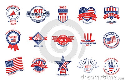 Election badges. Political campaign, usa presidential day vote. American flag patriotic voter stickers. Voting for Vector Illustration