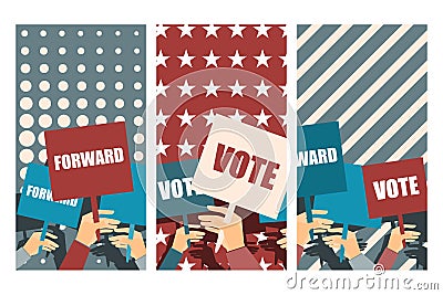 Election campaign, election vote, election poster, holding posters, election banner, supporting team, voters support, people with Vector Illustration