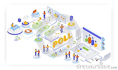 Election campaign fund, finance and expenses, public opinion polling, flat vector isometric illustration. Voter survey. Vector Illustration