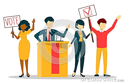 Election campaign, vote for candidate. Speaker in suit Stock Photo