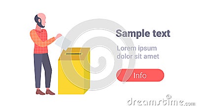 Election day concept casual man voter putting paper ballot list in box during voting full length flat horizontal copy Vector Illustration