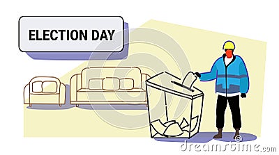 Election day concept construction worker in uniform man voter putting paper ballot list in box during voting full length Vector Illustration