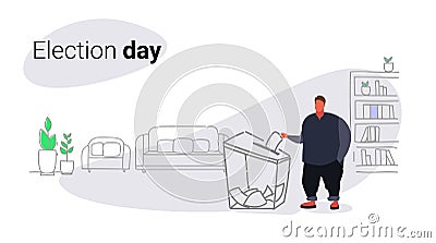 Election day concept fat obese man voter putting paper ballot list in box during voting fatty male character full length Vector Illustration