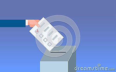 Election day concept voter hand putting paper ballot list in box during voting flat horizontal Vector Illustration