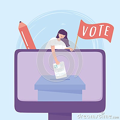 Election day, online voting woman with ballot Vector Illustration