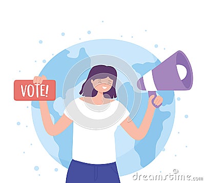 Election day, woman with megaphone vote sign and world background Vector Illustration