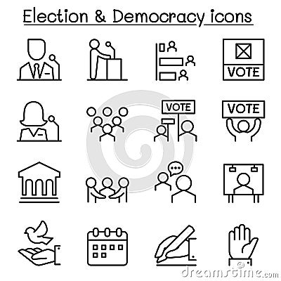 Election & Democracy icon set in thin line style Vector Illustration