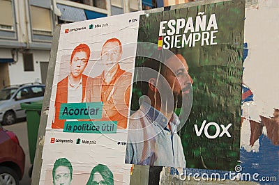 Election posters for the electoral call of November 10, 2019 in Spain Editorial Stock Photo