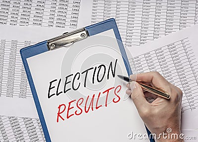 Election results inscription. Polls recap. Voting overview Stock Photo