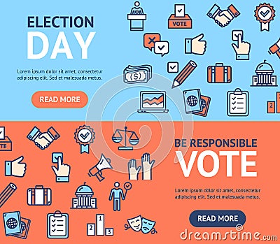 Election Signs Banner Horizontal Set with Color Outline Icons. Vector Vector Illustration