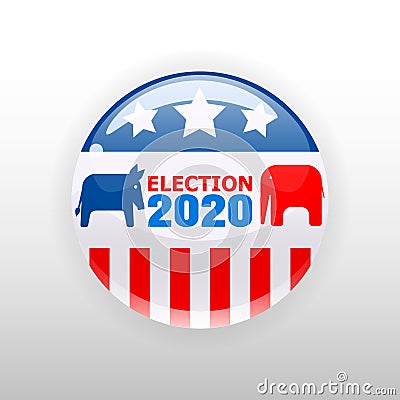 Election 2020 Vote United States of America button election, badge, elephant and donkey republican and democratic party Vector Illustration